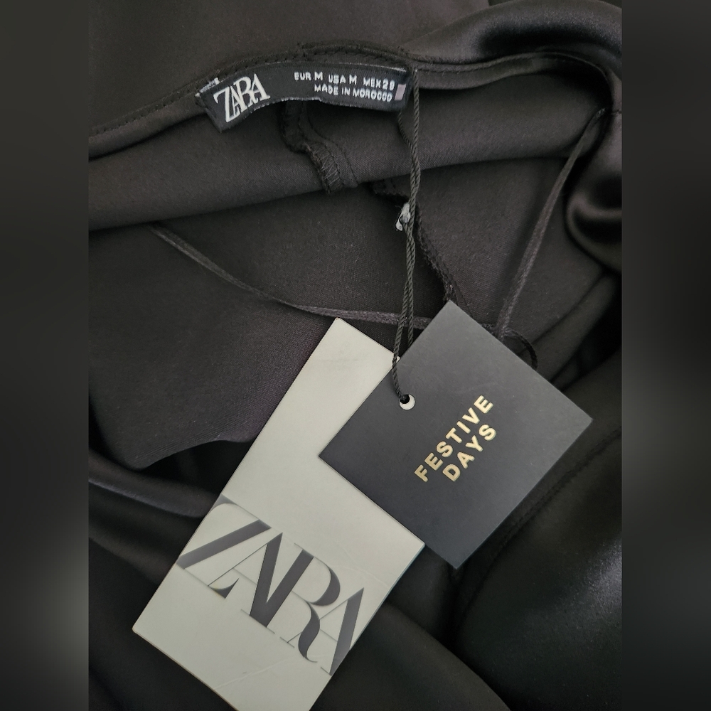 NWT Zara Black Satin Effect Feather Detail Mini Dress Size M - Picture 4 of 4